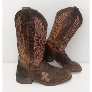 Tony Lama Brown & Pink Western Square Toe Boots Cross Inlay USA Women's Size 6B